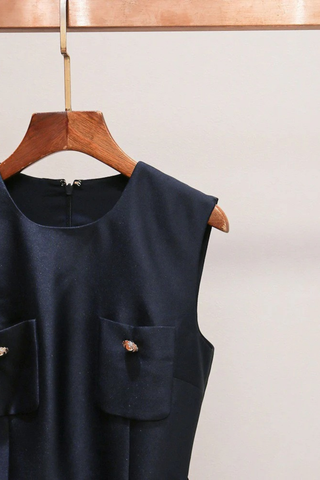 Sleeveless Mini Dress with Ruffle Hem – Satin Fabric & Pocket Detail