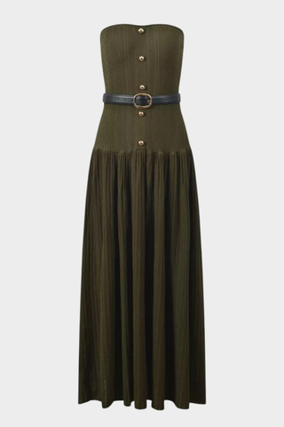 Strapless Pleated Knit Long Dress with Belt – Elegant Stretch Fabric