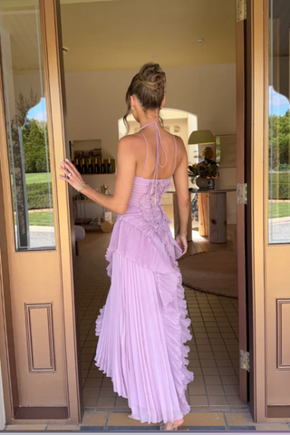 Halter Neck Pleated Ruffle Long Dress