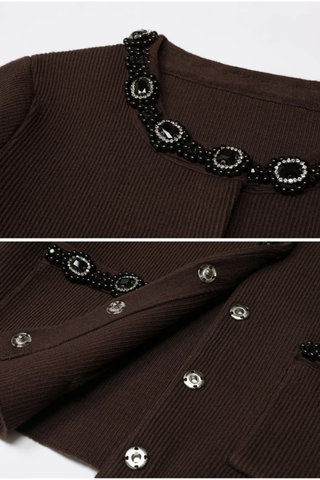 Embellished Pearl and Rhinestone Knit Cardigan with Matching Flared Midi Skirt Set