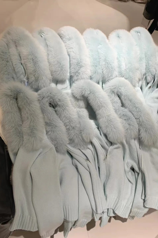 Knitted Hooded Zip Jacket with Faux Fur Trim