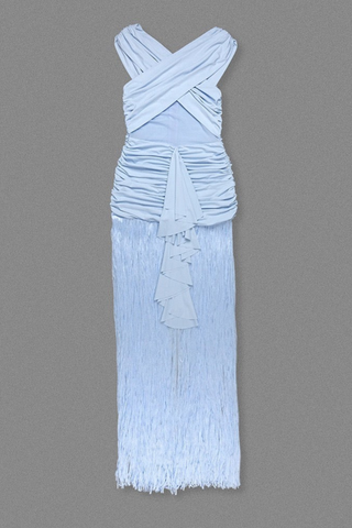 Sleeveless Ruched Mesh Long Dress with Fringed Hem and Crisscross Draping