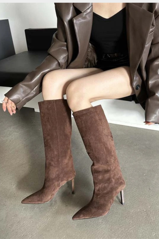 Pointed-Toe Suede Knee-High Stiletto Boots | Slim Fit, High Heel Winter Fashion Boots