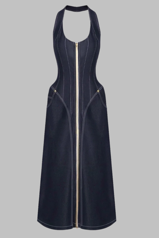 Halter Neck Denim Long Dress with Front Zip and Contour Stitching