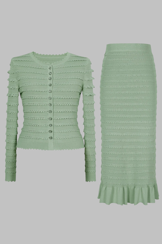 Knitted Two-Piece Set with Rhinestone Detailing – Cardigan & Midi Long Skirt