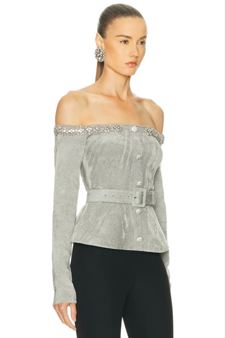 Elegant Velvet Off-Shoulder Top with Rhinestone Neckline and Belt