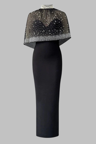 Strapless Bandage Long Dress with Rhinestone Mesh Cape Overlay and High Neck