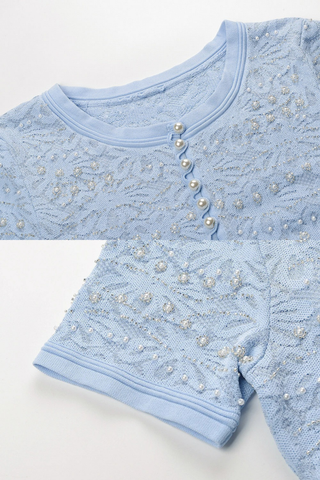 Pearl Embellished Knit Long Dress with Pleated Skirt – Short Sleeve