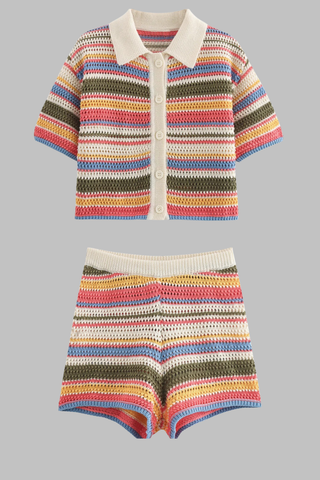 Striped Crochet Knit Two-Piece Set with Short Sleeve Button Top and High-Waist Shorts