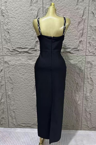 Black Rhinestone Embellished Bodycon Long  Dress – Sleeveless Strappy Slim Fit Party Dress