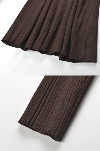 Ribbed Knit Long Dress – Long Sleeve Collared Bodycon with Gold Buttons