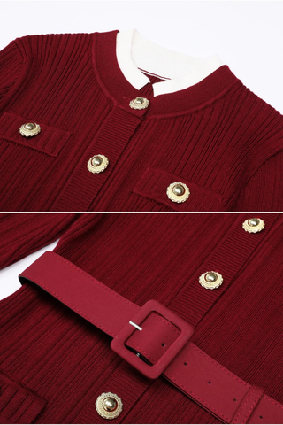 Long Sleeve Ribbed Knit Button-Down Midi Dress with Belt and Contrast Cuffs