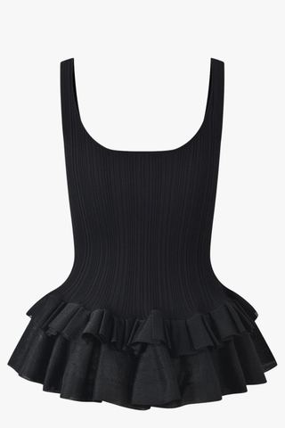 Sleeveless Ribbed Knit Peplum Tank Top with Double Ruffle Hem