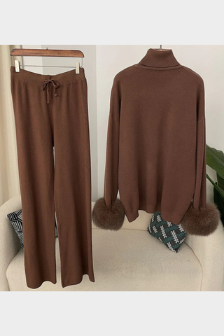 Faux Fur Trim Turtleneck Knit Set – Long Sleeve Top & Wide-Leg Pants