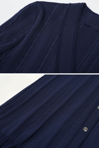 Cable-Knit Button-Front Long Dress with V-Neck and Flared Hem