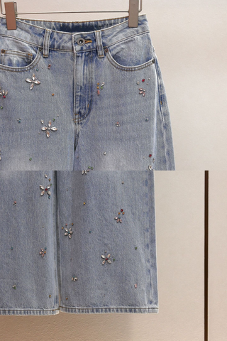 High-Waist Embellished Wide-Leg Denim Jeans with Crystal Floral Detailing