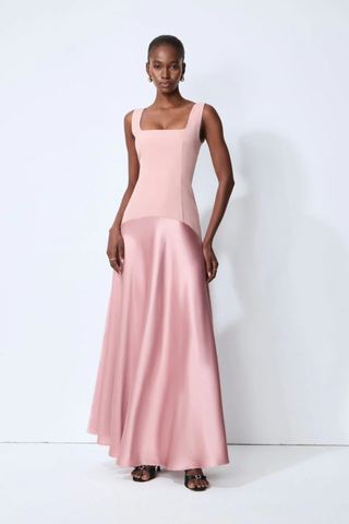Square Neck Fitted Bodice Long Dress with Flared Satin Skirt