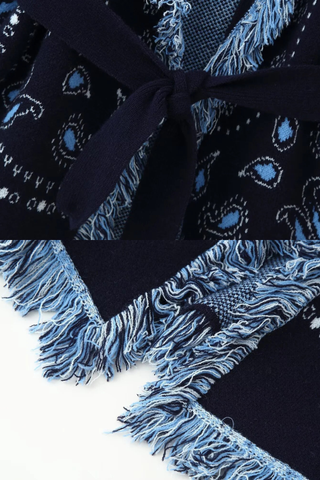 Boho Fringe Knit Cardigan – Jacquard Pattern, Long-Sleeve, Belted Design