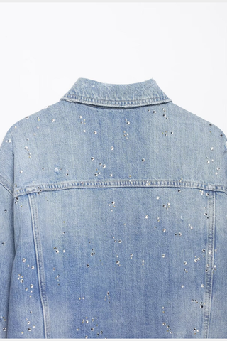 Rhinestone Detail Cropped Denim Jacket