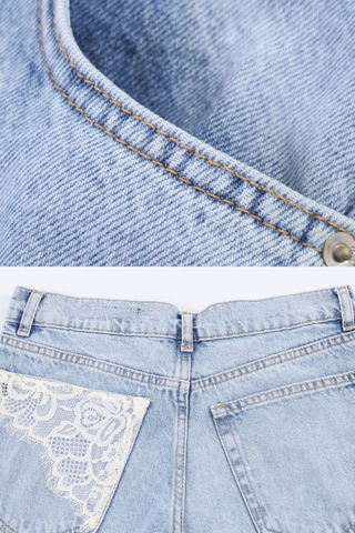 High-Waisted Straight Leg Distressed Jeans with Lace Detail