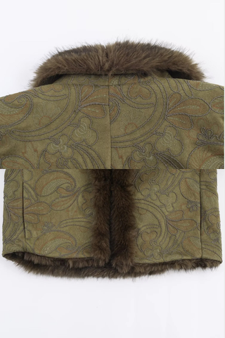 Embroidered Jacquard Jacket with Luxe Faux Fur Trim – Elegant Short Winter Coat