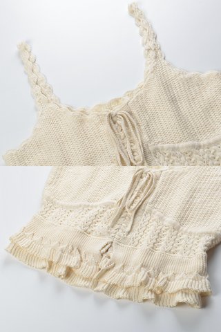 Ivory Crochet Knit Camisole & Lace-Up Skirt Set – Scalloped Straps, Ruffle Hem