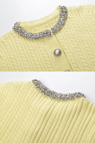 Butter Yellow Long Sleeve Cable Knit Cardigan with Crystal Collar and Pearl Buttons