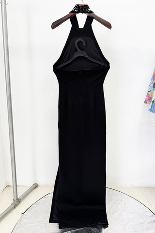 Crystal Starburst Halter Long Dress with Side Slit and High Neck Embellishment