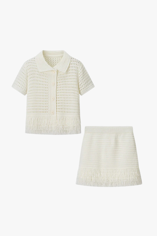 Fringe Hem Knit Set – Crochet Button-Up Top & Ribbed Mini Skirt