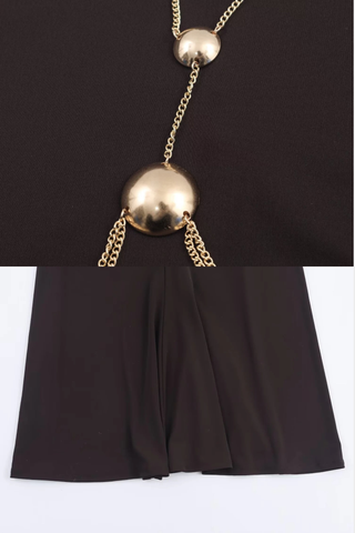 Elegant High Neck Cut-Out Long Dress with Draped Waist & Chain Accents