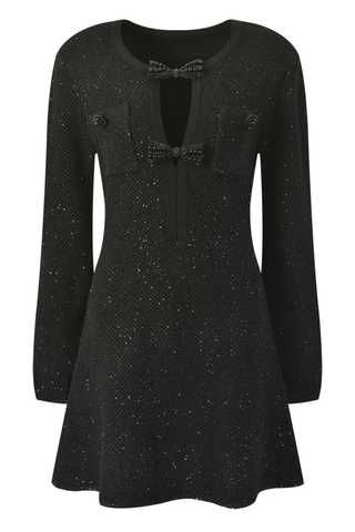 Long Sleeve Glitter Knit Dress with Bow Detail