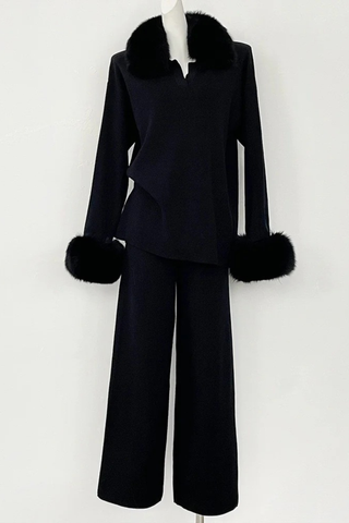 Faux Fur Trim Knit Two-Piece Set – Long Sleeve Top & Wide-Leg Pants