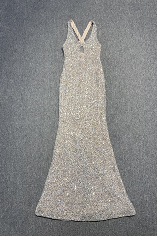 Luxury Silver Sequin Long Dress with Keyhole Front and Cross-Back Detail
