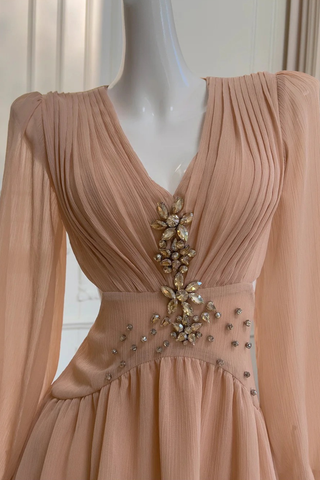 Pleated Chiffon Mini Dress with Long Sleeves and Crystal Embellished Waist