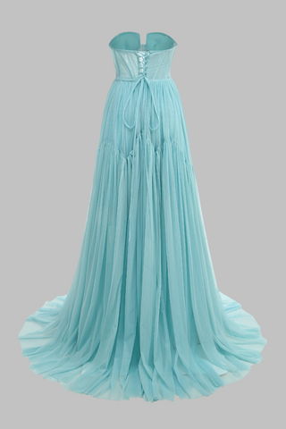 Aqua Tulle Strapless Corse Long Dress with Flower Appliqués and Lace-Up Back