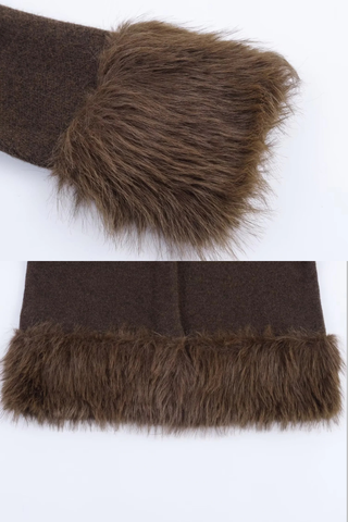 Brown Wool Long Sleeve Jacket with Faux Fur Cuffs and Hem
