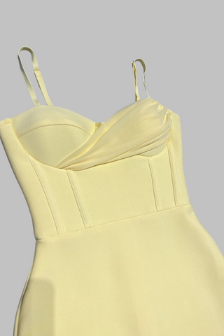 Yellow Sweetheart Neck Bandage Midi Dress with Ruffle Fishtail Hem