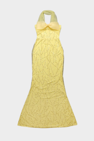 Sleeveless Halter Beaded Yellow Tulle Long Dress – Hand-Embellished Sequins & Pearls, Floor-Length Design