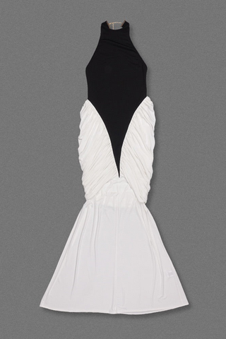 Halter Neck Two-Tone Long Dress with Draped Ruched Skirt and Open Back