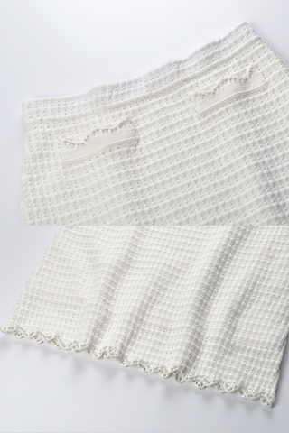 Pearl-Trimmed Textured Knit Two-Piece Set  Cropped Top & A-Line Skirt