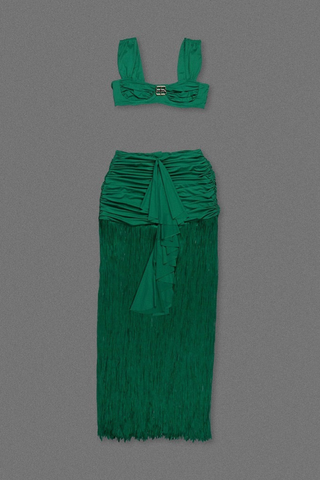 Two-Piece Ruched Crop Top and Fringed Maxi Skirt Set with Gold Buckle Detail