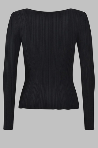 Ribbed Elastic Slim Fit U-Neck Long Sleeve Top with Rhinestone Trim