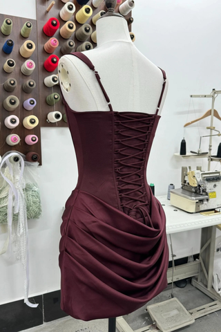 Draped Corset Mini Dress – Square Neck Satin Ruched Bodycon Dress