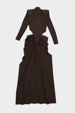 Long Sleeve High-Neck Stretch Long Dress – Side Cut-Out Ruched Design