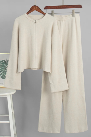 Ribbed Long Sleeve Zip Jacket & Relaxed Pants Co-Ord Set