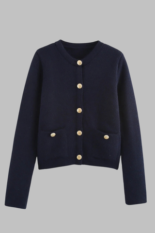 Knitted Cardigan with Gold Buttons and Front Pockets