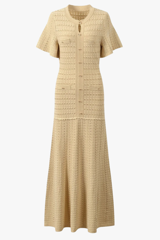 Textured Knit Long Dress – Short Sleeve Button Front Design