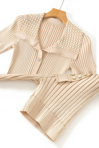 Short Sleeve Pearl Collar Ribbed Knit Midi Dress – Button Front