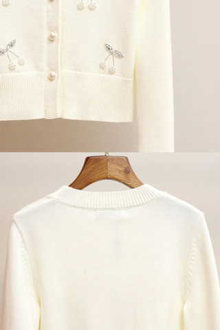 Embellished Cherry Knit Cardigan – Long Sleeve, Soft Stretch Knit