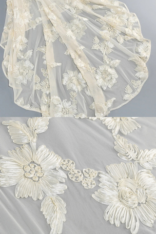 Strapless 3D Floral Mesh Gown with Train